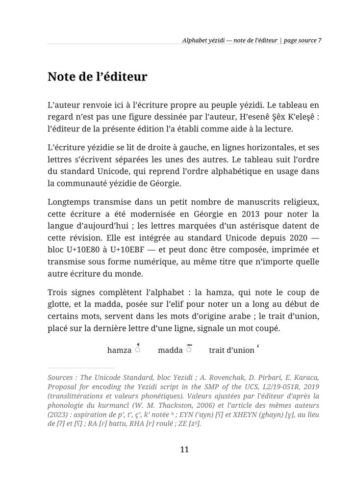 Page 11: publisher’s note on the Yazidi script and its sources