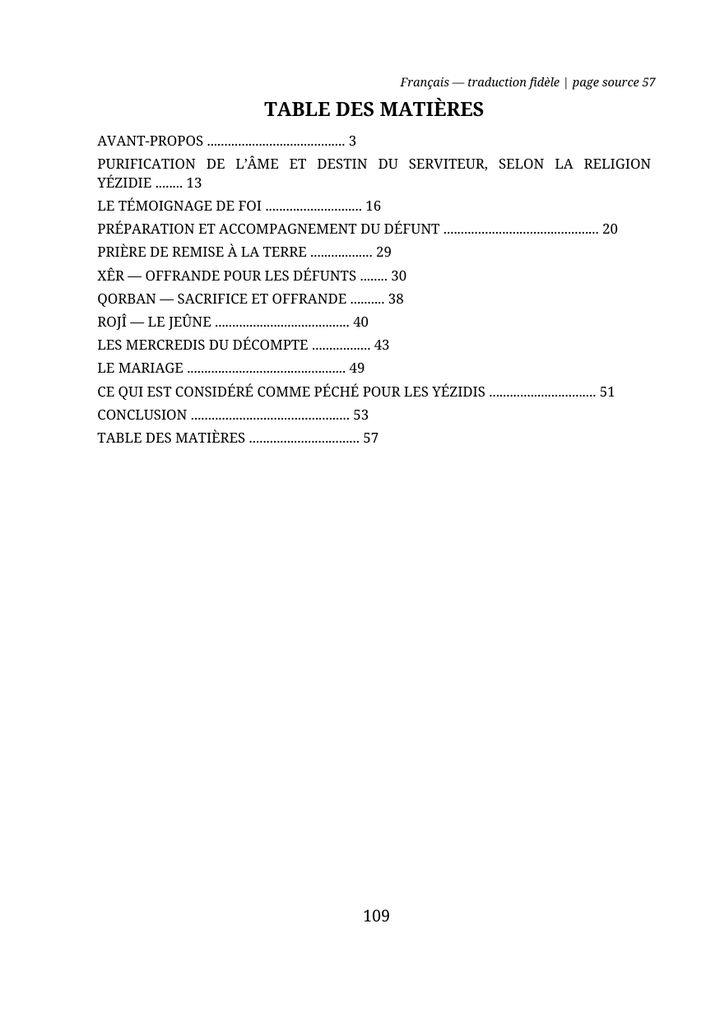 Page 109: table of contents in French